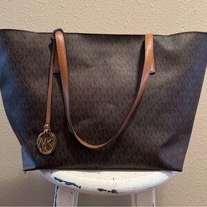 Michael Kors Hayley Large Brown MK Logo Tote with Tan Straps